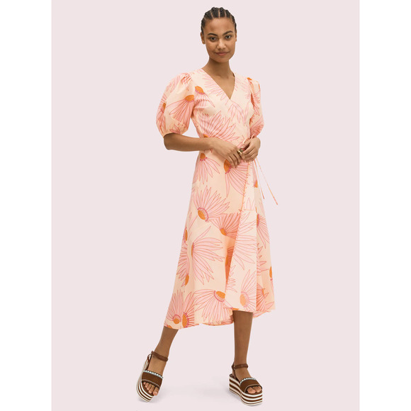 Kate Spade NY Midi Dress 0 XS Pink Falling Flower Wrap Short Sleeve Runway - Picture 2 of 15